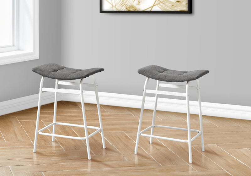 Set of 2 Grey Fabric Barstools - Contemporary White Metal Kitchen Counter Height Seating