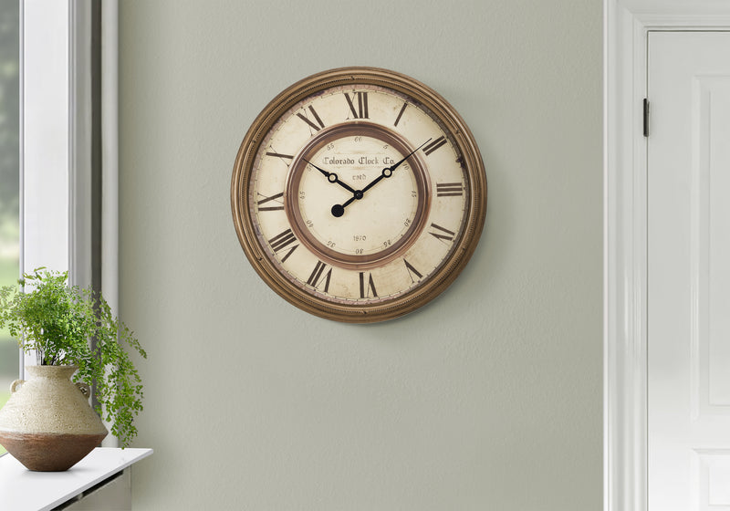20" Round Wall Clock Antique Brown Transitional Style - Vintage Decor