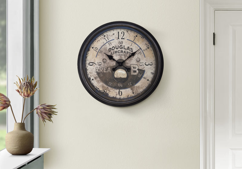 20" Round Wall Clock Antique Brown Transitional Style - Vintage Decor