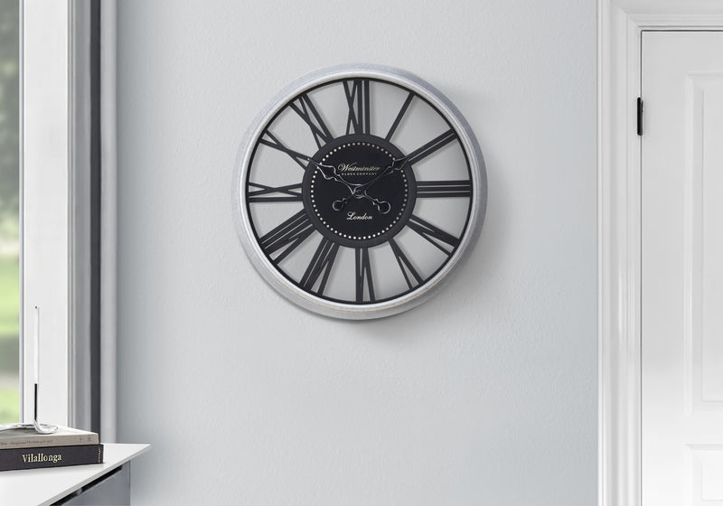 20" Round Black Silver Wall Clock - Transitional Design