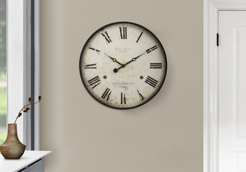 20" Round Wall Clock Antique Brown Transitional Style - Vintage Decor