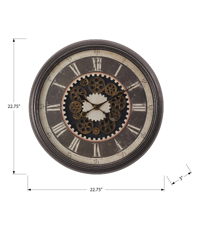 23" Round Gear Mechanism Wall Clock Brown - Transitional Style