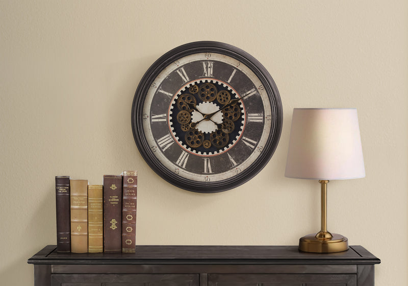 23" Round Gear Mechanism Wall Clock Brown - Transitional Style