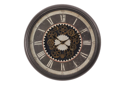 23" Round Gear Mechanism Wall Clock Brown - Transitional Style