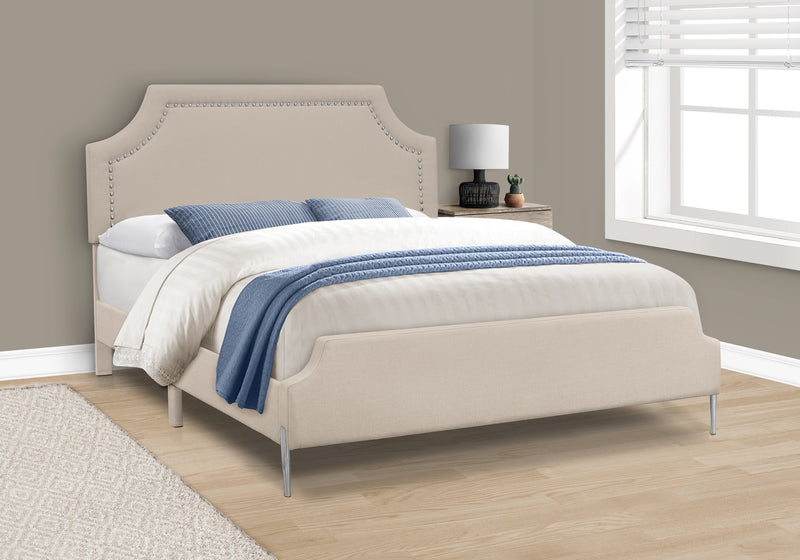 Transitional Upholstered Bed - Queen Size, Beige Linen Look, Chrome Legs